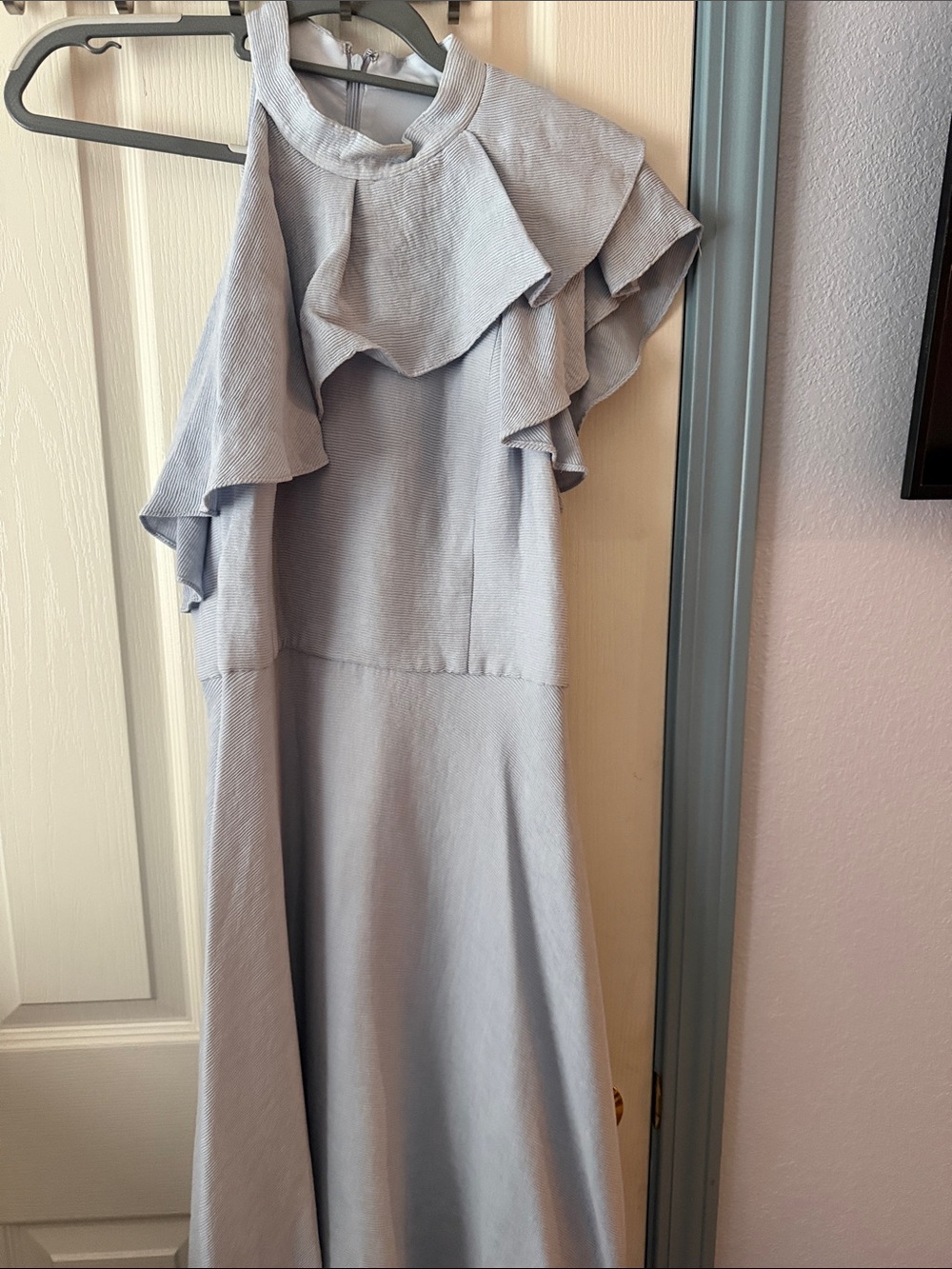 Ruffle Neck High-Low Dress in Light Blue one shoulder